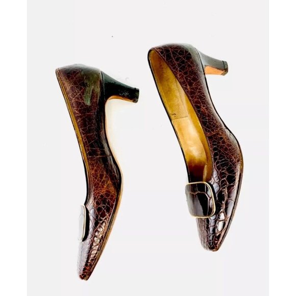 Vintage 1950's-60's SEYMOUR Troy TROYLINGS Alligator Pumps ~ 7 Narrow Brown - Picture 10 of 11